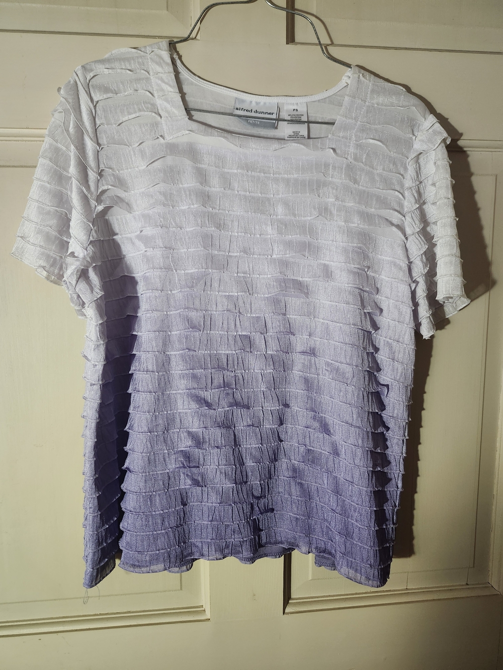 Alfred Dunner White to Lavender Ombre Ruffle Short-Sleeve Top